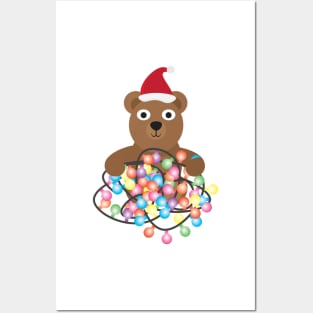 Cute Cartoon Bear with Santa Hat and Colorful Light Bunting Posters and Art